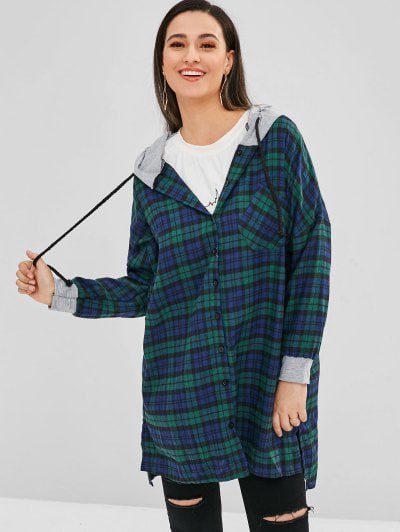 green-blue tunic checked shirt with hood and ripped jeans