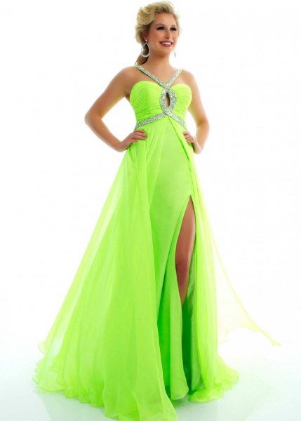 Green and Silver Sequin Chiffon High Split Maxi Flowy Ball Gown