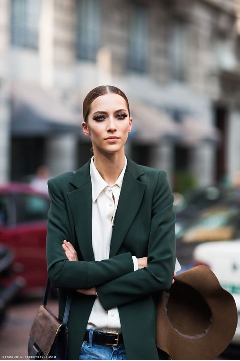 sophisticated work clothes with a green blazer