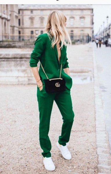 green blazer with matching pants and sneakers