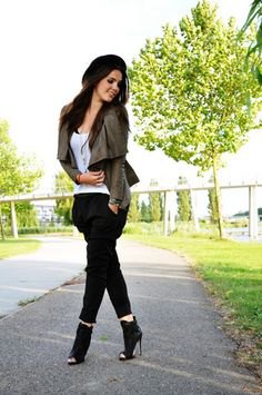 green blazer with white tank top with black peep toe ankle boots