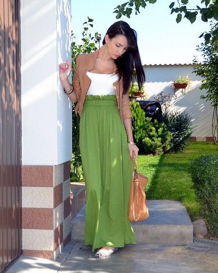 green blazer with white top and high-quality maxi skirt