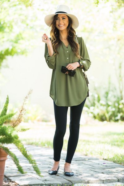 green chiffon tunic blouse with buttons and black leggings