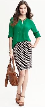 green chiffon blouse with checked pencil skirt