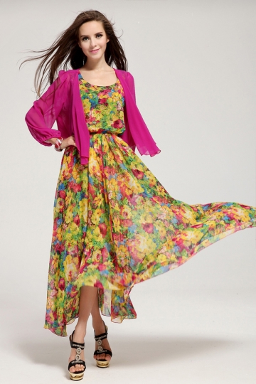 green maxi dress with floral pattern made of chiffon