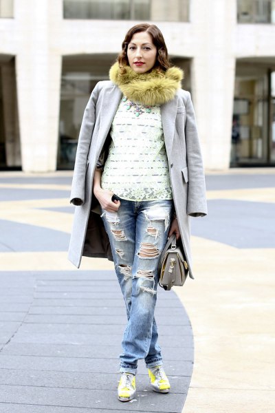 green faux fur scarf with a long gray coat and boyfriend jeans