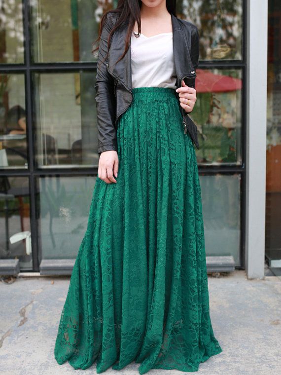 Jade green floor length plus size maxi skirt lace skirt elastic .