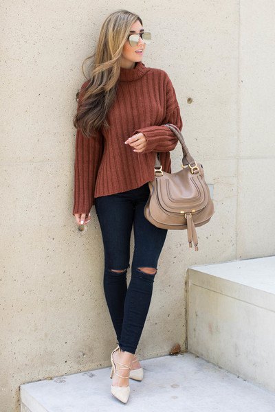 green ribbed sweater with fake neck, black jeans