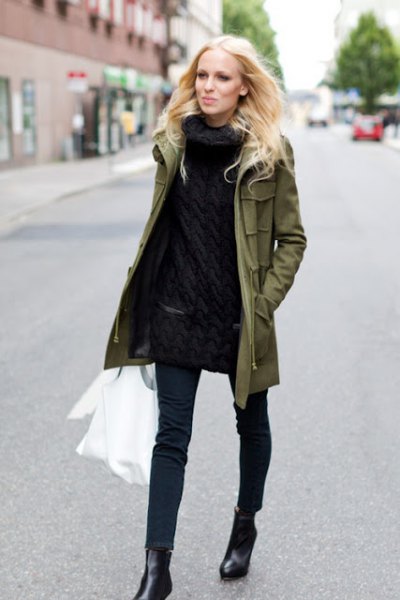green parka jacket all black outfit