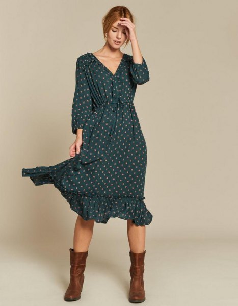 green ruffle hem V-neck long sleeve polka dot midi dress with boots in the middle of the calf