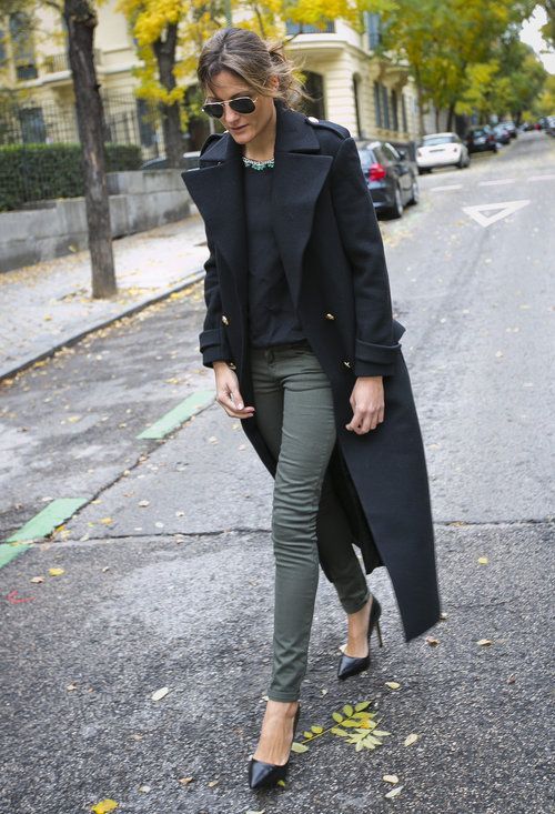 green skinny jeans long coat