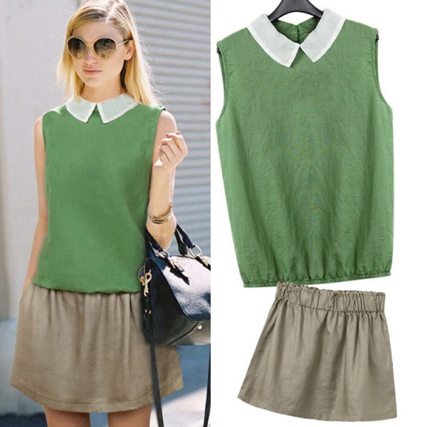 green sleeveless shirt with collar and minirater skirt