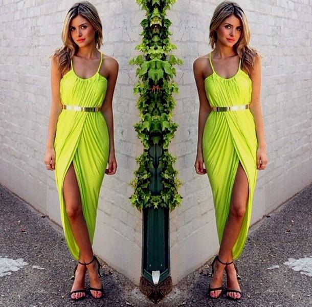 green maxi dress with high spaghetti strap and belt