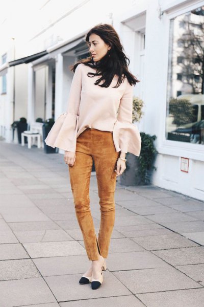 green suede pants white bell-sleeved sweater