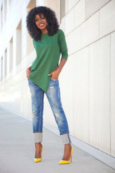 green tunic shirt with blue cut, slim cut jeans