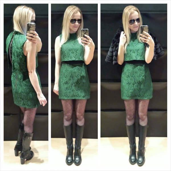 green two-piece mini dress with black knee-high boots