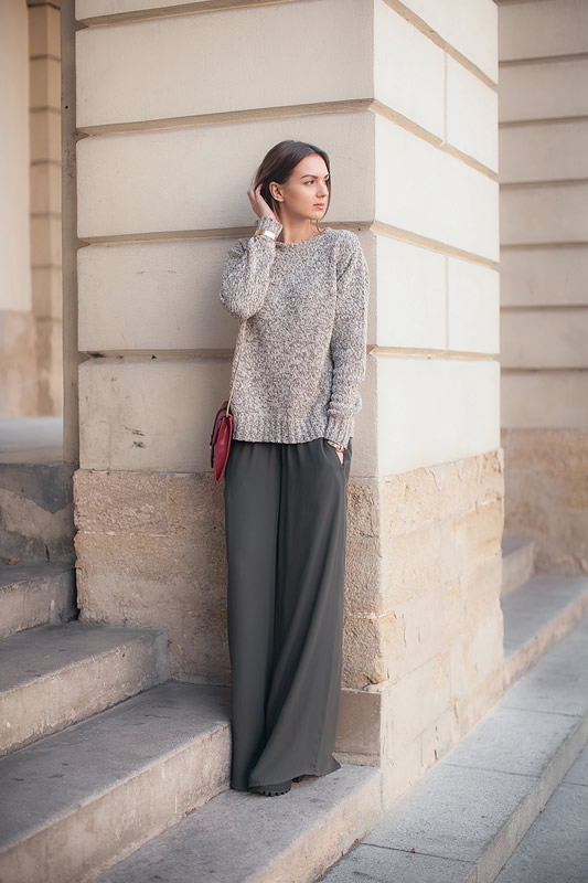 green wide-leg pants, knitted sweater outfit