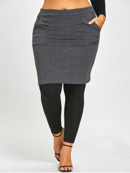 gray and black skirt leggings and cropped long-sleeved T-shirt