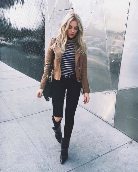 gray and black striped sweater with brown leather jacket