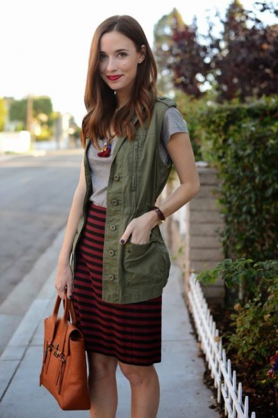 gray and black striped knee-length skirt with military vest