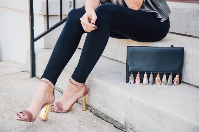 gray and gold velvet heels with a silver silk top