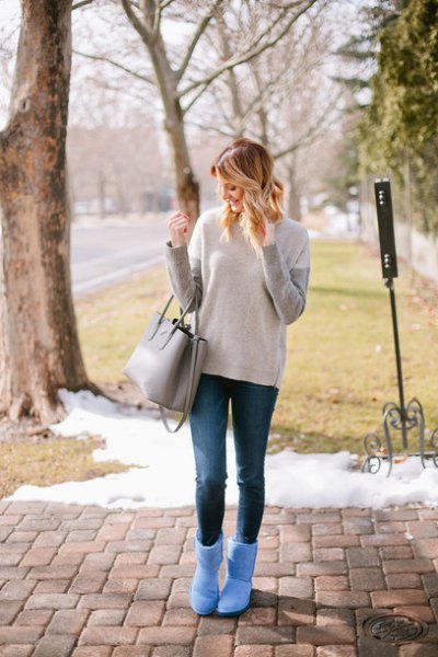 gray and ivory sweaters, sky blue fluffy ankle boots