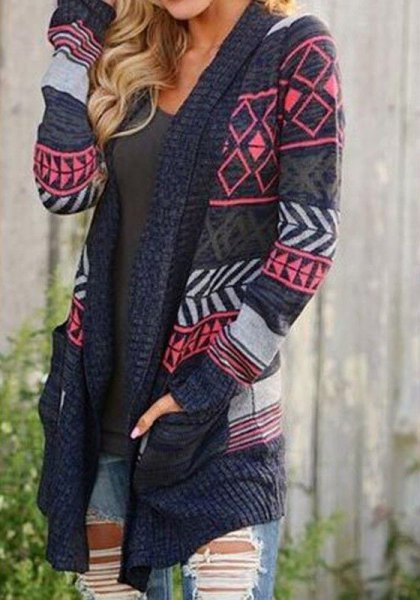 gray and navy blue cardigan with tribal print and mini denim shorts in blue
