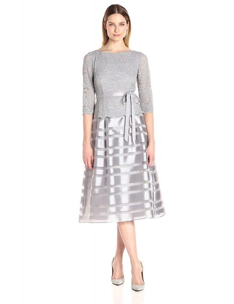 gray and silver, medium-length dress with a fit and flare