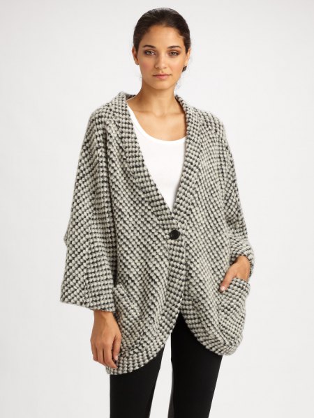 gray and white checked, oversized cardigan with tank top