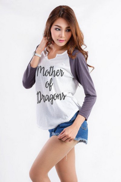gray and white graphic baseball long sleeve t-shirt with blue denim shorts