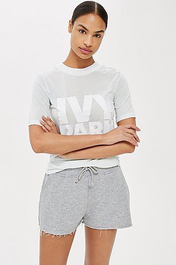 gray and white graphic t-shirt with mini sweat shorts