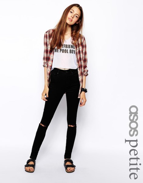 gray and white checked boyfriend shirt with cropped T-shirt