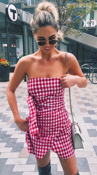 gray and white checked tube wrap dress