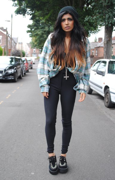 gray and white checked vintage boyfriend shirt with high-waisted black jeans