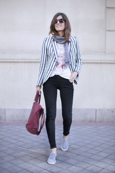 gray and white striped blazer with low-top canvas sneakers