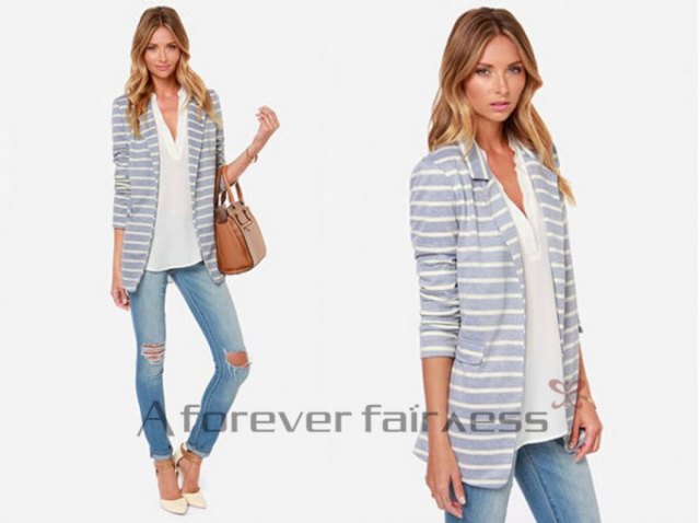 gray and white striped cotton blazer with blouse with V-neck