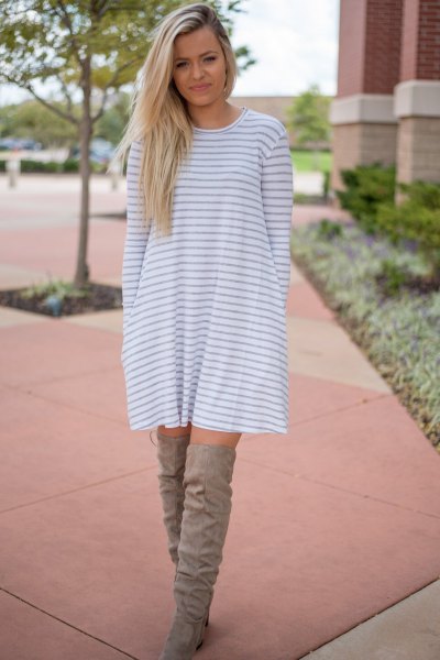 gray and white striped long-sleeved swing dress