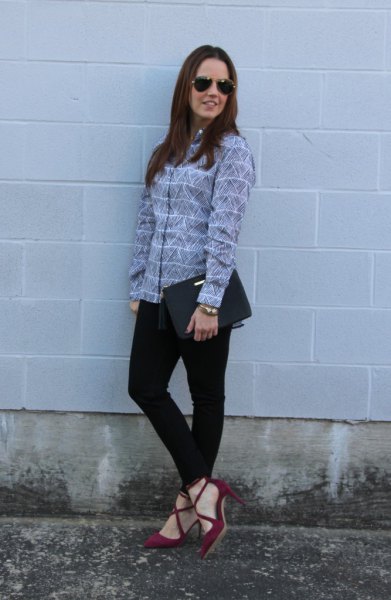 gray and white striped shirt with burgundy suede strap shoes