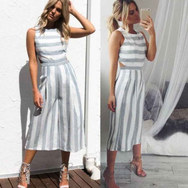 gray and white striped sleeveless top with matching, short cut trousers with wide legs