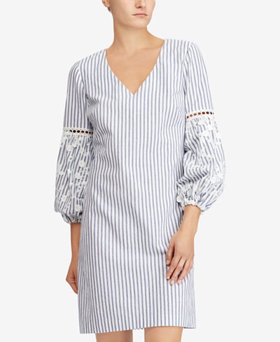 gray and white vertical striped shift dress with puff sleeves