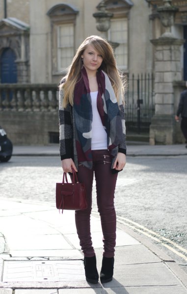 gray and white wool blazer burgundy jeans