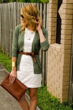 gray cardigan with belt, white lace dress