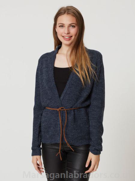 gray wrap-knit blazer with belt and black leather pants