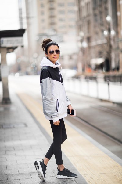 gray black and white windbreaker with running pants