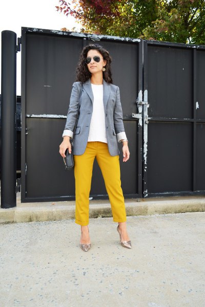 gray blazer with straight LED trousers with cuff