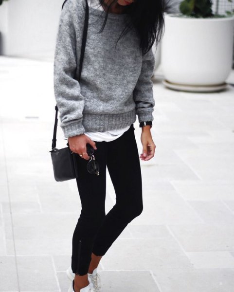gray chunky sweater with boat neckline over white long t-shirt