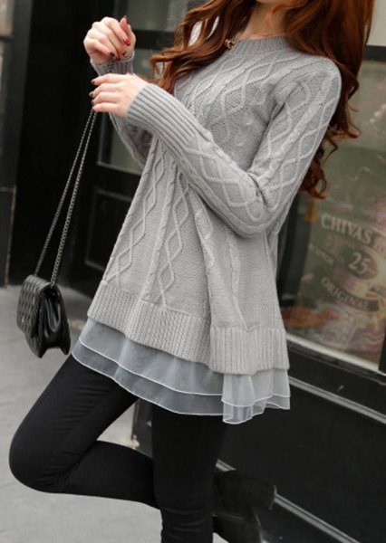 gray cable knit sweater with semi-transparent chiffon tunic top