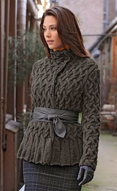 gray cable knit wrap jacket with checked pencil skirt