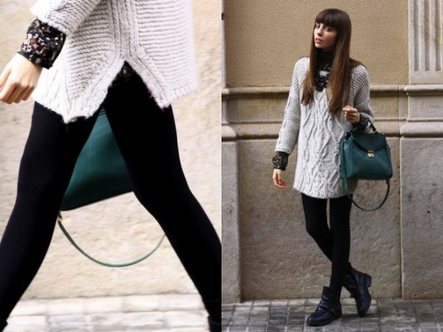 gray tunic sweater with cable neckline, leggings and black leather handbag
