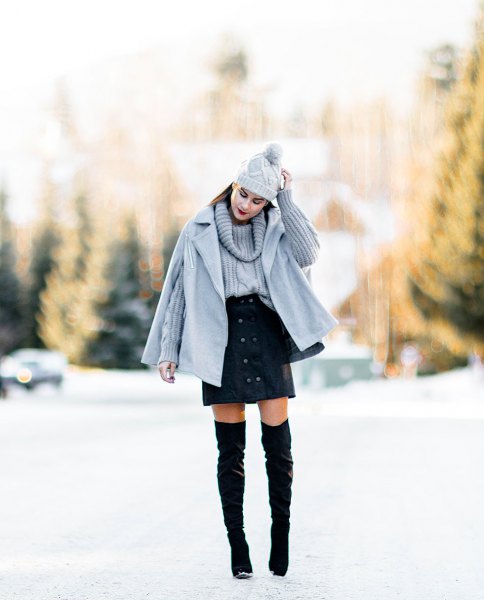 gray cape coat to match the cable-knit sweater mini skirt